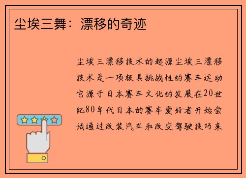 尘埃三舞：漂移的奇迹