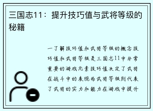 三国志11：提升技巧值与武将等级的秘籍